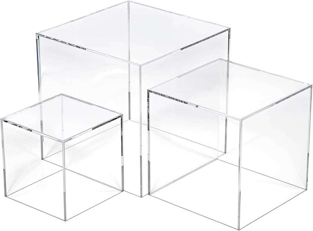 3 Pcs Acrylic Boxes for Display, 3" 4" 5" Small Square Clear Acrylic Cube with Hollow Bottoms, Nesting Riser Display Stand Shelf Food Risers for Buffet Table Dessert Collectibles Jewelry Figures Show
