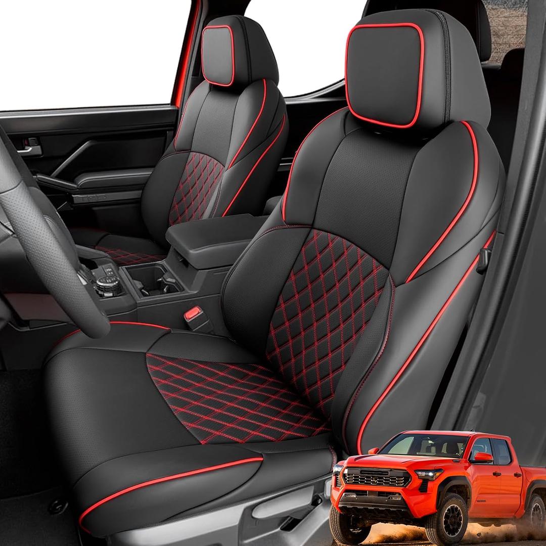 Full Set Seat Covers for Toyota Tacoma 2024-2026 4th Gen (Double Cab Gas Only), Faux Nappa Leather Waterproof Pickup Truck Accessories, Front Rear Row Protector for SR SR5 TRD Series Limited, BlackRed
