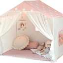 Kids Play Tent with Mat, Large Playhouse Tent with Pompoms Door Curtains, Children Play House for Girls Boys, Indoor Play Cottage (Pink)