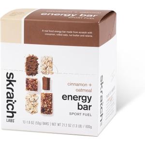 Skratch Labs Energy Bar | Cinnamon + Oatmeal (12 Pack) | Plant Based Healthy Snack | Low Sugar - 5g Protein | Non-GMO, Gluten Free, Soy Free, Vegan, Kosher