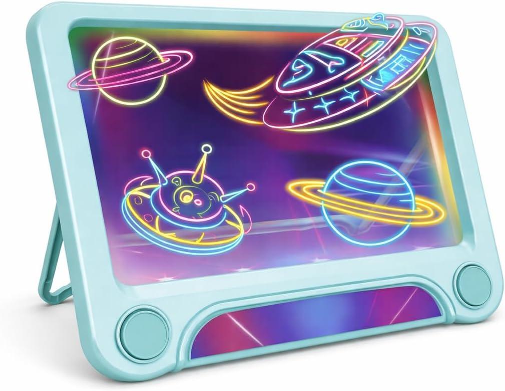 Magic LED Drawing Board for Kids, Light-Up Tracing Pad with 3 Double-Sided Cards & 4 Washable Markers, Glow Doodle Arts & Crafts Toy for Ages 3+