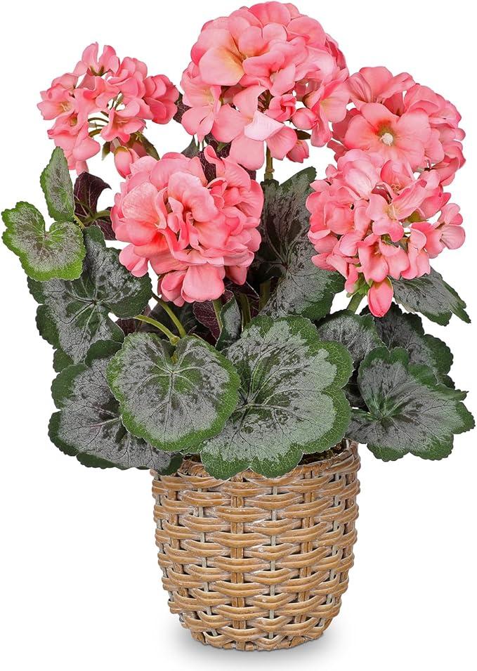 Briful Artificial Geranium Potted Plant – 16” Tall, Realistic Silk Flowers with Vibrant Green Leaves, Pink White Geraniums Fake Flowers for Outdoors Home Décor, Wedding Farmhouse Office Tables Decor