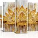sechars 5 Piece Lotus Flower Wall Art Abstract Golden Floral Painting Canvas Prints Zen Artwork for Home Office Living Room Gold Decor Gallery Wrapp Ready to Hang (Large)