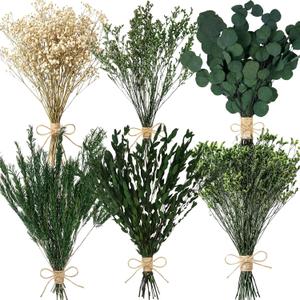 6 Bunches Large Size Dried Flowers and Dried Plant Mixed Bouquet 15 -17 Inch Green Series Natural Eucalyptus Babys Breath Rice Flower Floral Arrangement with Stems for Vase Wedding Farmhour Home Decor
