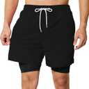 Mens Swim Trunks with Compression Liner 5 inch Inseam Quick Dry Bathing Suit 2 in 1 Board Shorts (Medium, Black)