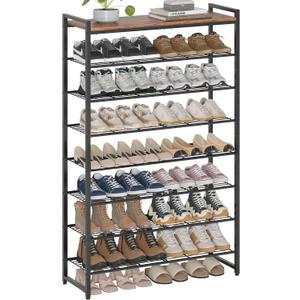 8 Tier Shoe Rack Organizer for 32-40 Pairs, Tall Metal Shoe Storage Shelf with Wood Top, Adjustable Boot Space, Narrow Design for Entryway Closet, Rustic Brown and Black