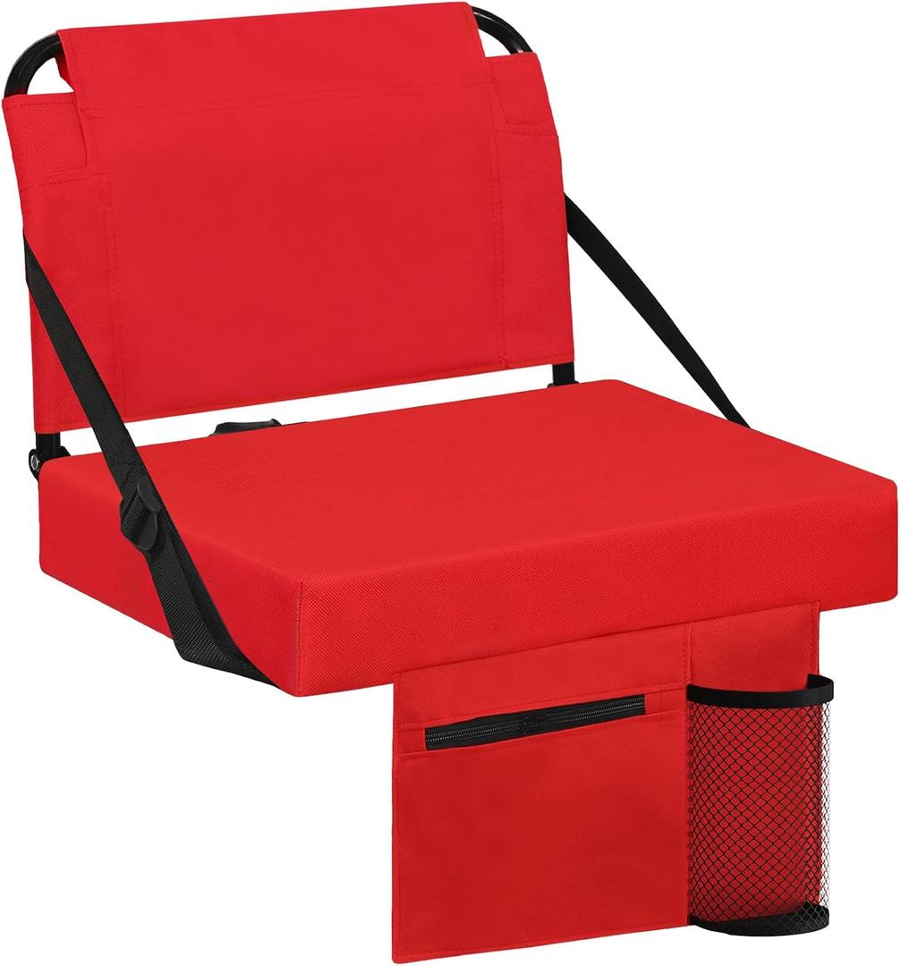 Stadium Seats for Bleachers with Back Support Bleacher Seat Soft Cushion Light Weight Includes Shoulder Strap & Cup Holder, Front & Back Zipper Pocket, Suitable for Sports Events,Red