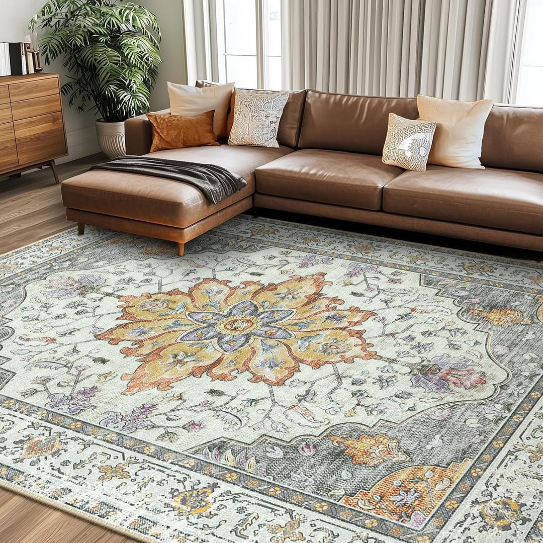 RELEANY Area Rugs 8'x10' Washable Non-Slip, Floral Vintage Distress Print Pattern Medallion Carpet for Living Room Bedroom Dining Room, Light Yellow Carbon Grey Orange
