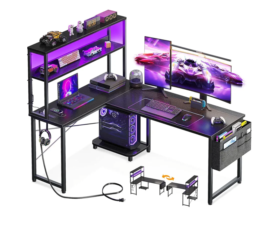 AODK L Shaped Desk Gaming Desk with LED Light & Power Outlet, 53 Inch Reversible L Shaped Computer Table with Shelf & Storage Bag & Hook for Home Office, Black
