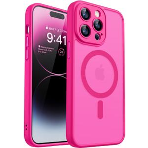 CANSHN Magnetic Compatible with iPhone 14 Pro Case, Upgraded [Full Camera Protection] [Compatible with Magsafe] [Translucent Matte] Shockproof Protective Phone Case Cover 6.1 Inch - Hot Pink