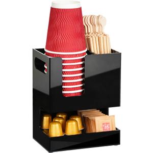 Countertop Coffee Station Organizer, 2-Tier Acrylic Coffee Cup Holder with 3 Compartments, Compact Condiment Storage Caddy for Coffee Bar, Office, Breakroom, Kitchen and Home Black