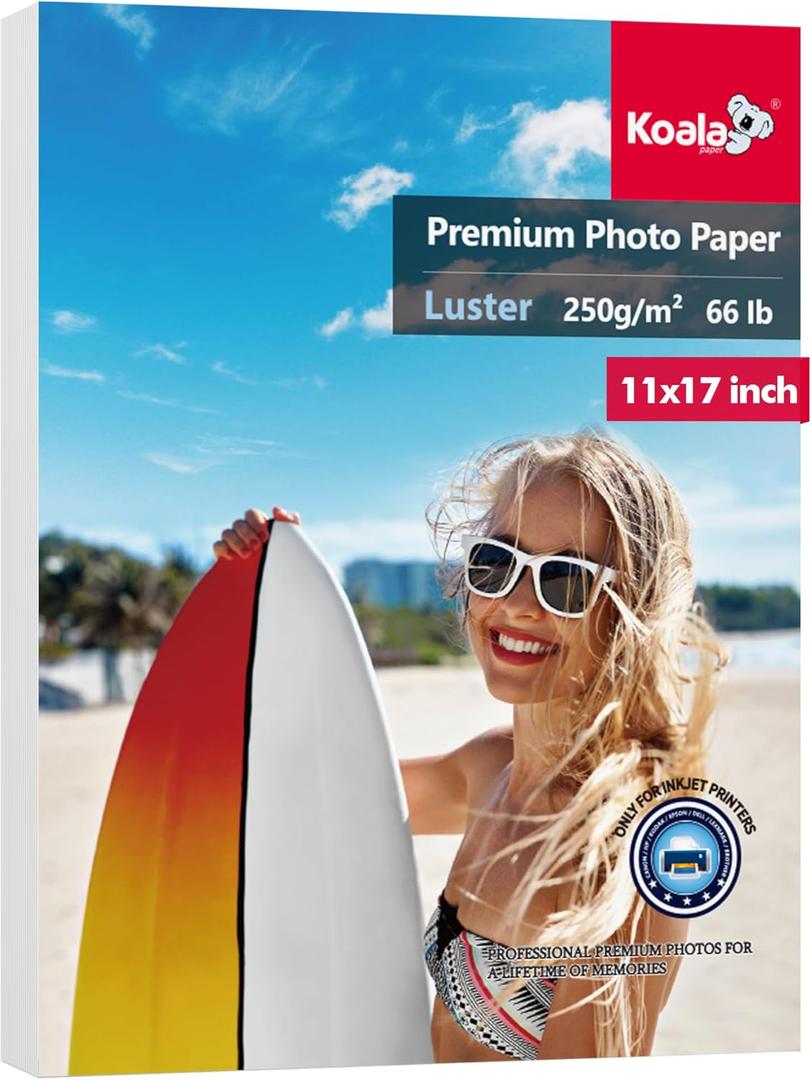 Koala Premium Photo Paper 11x17 In Luster Photo Printer Paper for Inkjet Printer Water-Resistant Soft Gloss 66lb 50 Sheets