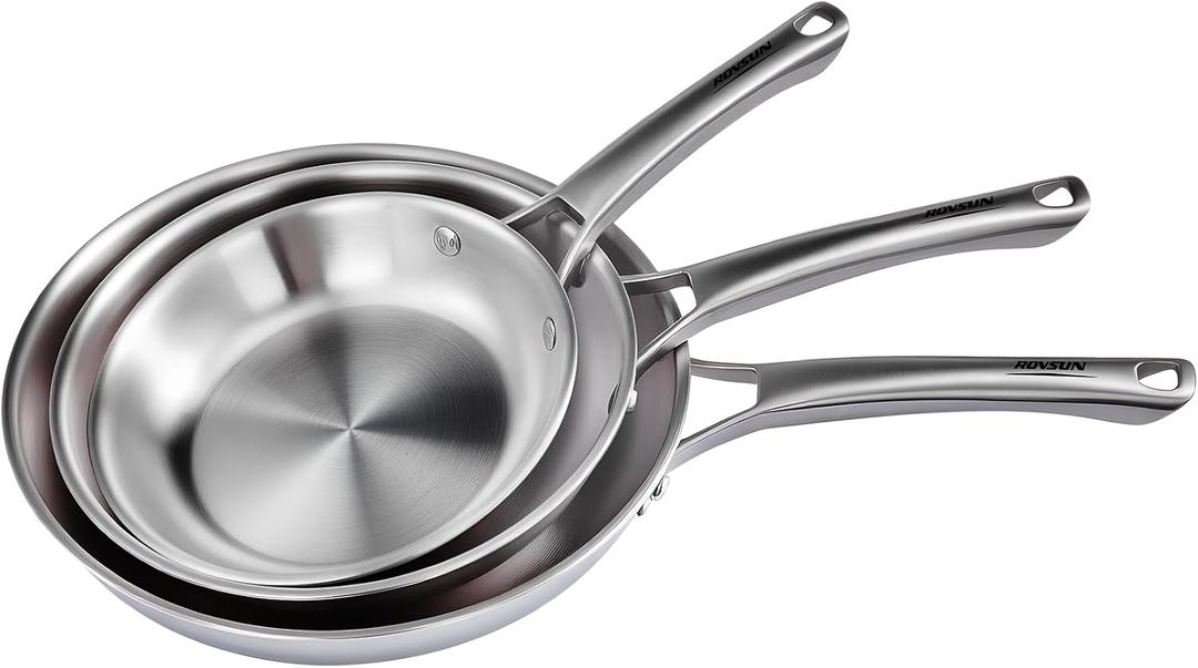 ROVSUN 8-10-12 Inch Stainless Steel Cookware Set, 3 pcs Tri-Ply Skillets Set, Full Clad Stainless Steel Chef's Pan, PFOA & PTFE Free Skillets, Compatible for All Cooktops, Dishwasher & Oven Safe, 3-Pieces Skillets