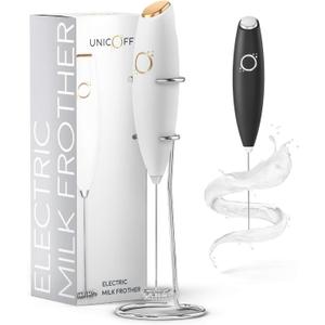 Milk Frother White - Coffee Frother Handheld with Electric Whisk - 19000 rpm - Book Recipes and Stainless Steel Stand Included - Hand Mixer Electric (White and Gold)