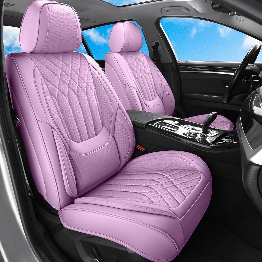 Car Seat Covers Full Set, Waterproof Luxury Leather Seat Covers for Women, Front & Rear Seats Cover Sets Universal Fit for Most Cars SUVs Trucks, Lavender Pink Car Covers Accessories