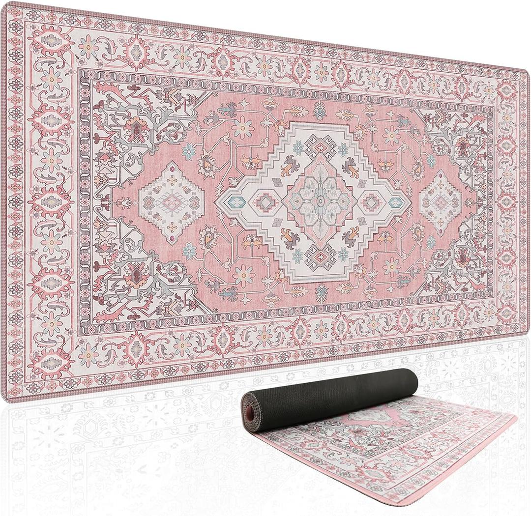 Baziabbo Pink Desk Mat,XXL Extended Large Mouse Pad,Gaming Mousepad with Stitched Edge,Non-Slip Rubber Base Keyboard Desk Pad for Home Office Study Game (Pink), 35.4L x 15.7W inches