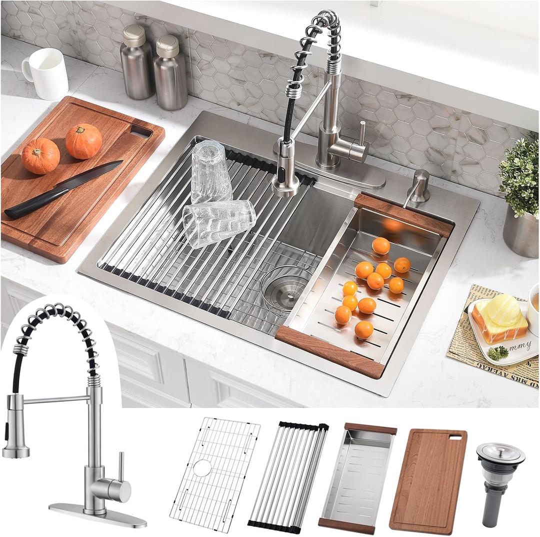 25x22 Drop In Kitchen Sink with Faucet Combo - 25 Inch Single Bowl Kitchen Sink and Faucet Combo Set, Stainless Steel Drop In Workstation Sinks with Accessories, 25x22x10 Inch