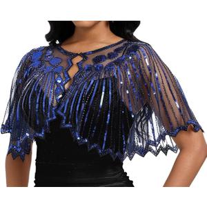 Women's 1920s Sequin Shawl Wraps Fringe Capelet Shawls Gatsby Accessories for Harlem Night, Standard size