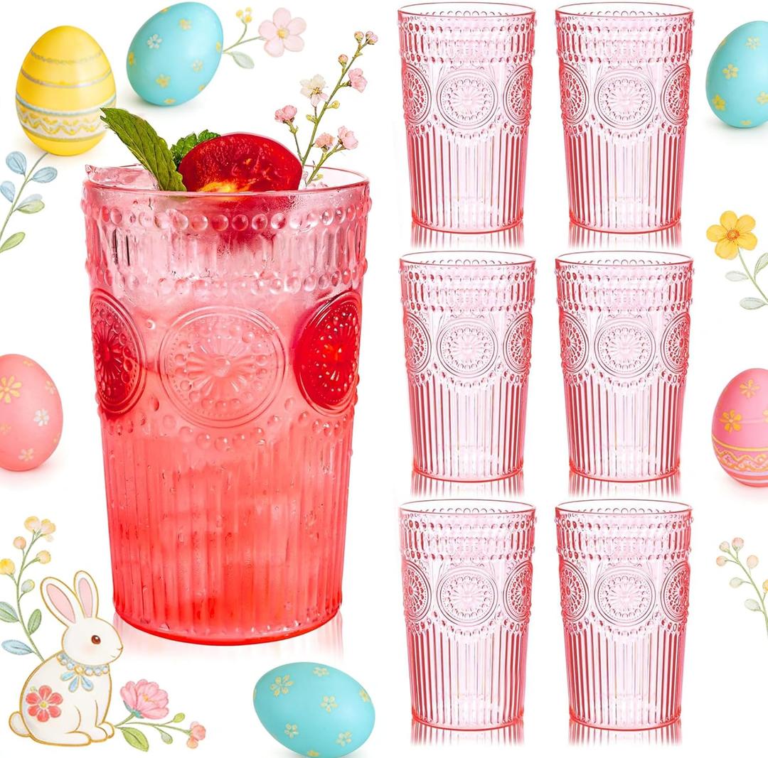 Ciaell 12 Pack Romantic Plastic Water Glasses - 14 Oz Pink Vintage Drinking Glasses, Embossed Ribbed Plastic Cups, Textured Striped Set for Juice, Beverages, Beer, Cocktail & Easter