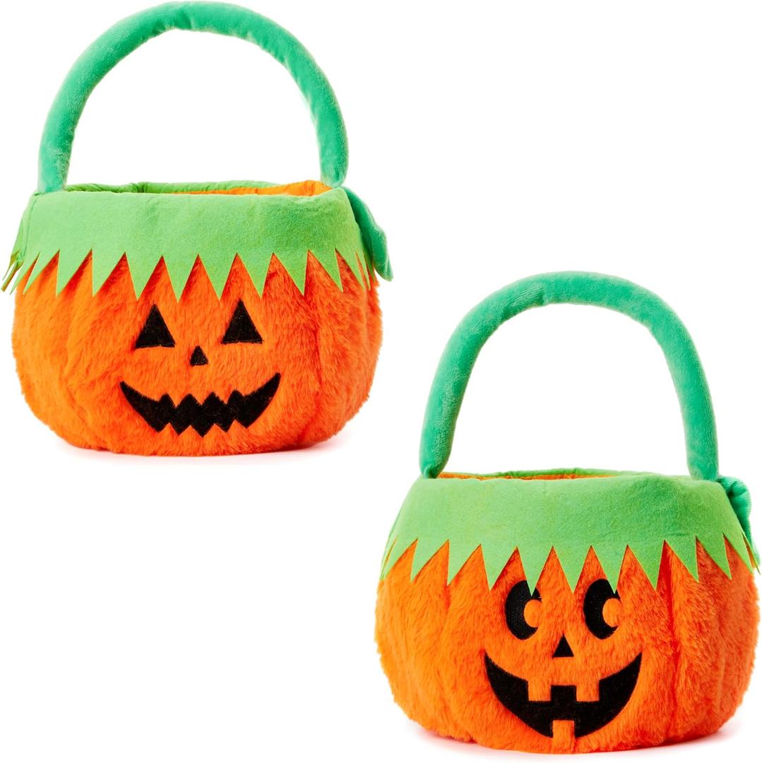CHOIEO 2 Pcs Halloween Plush Pumpkin Baskets with Handles, Cute Candy Buckets for Trick-or-Treating and Halloween Party Decor (Orange Green Pumpkin Faces)