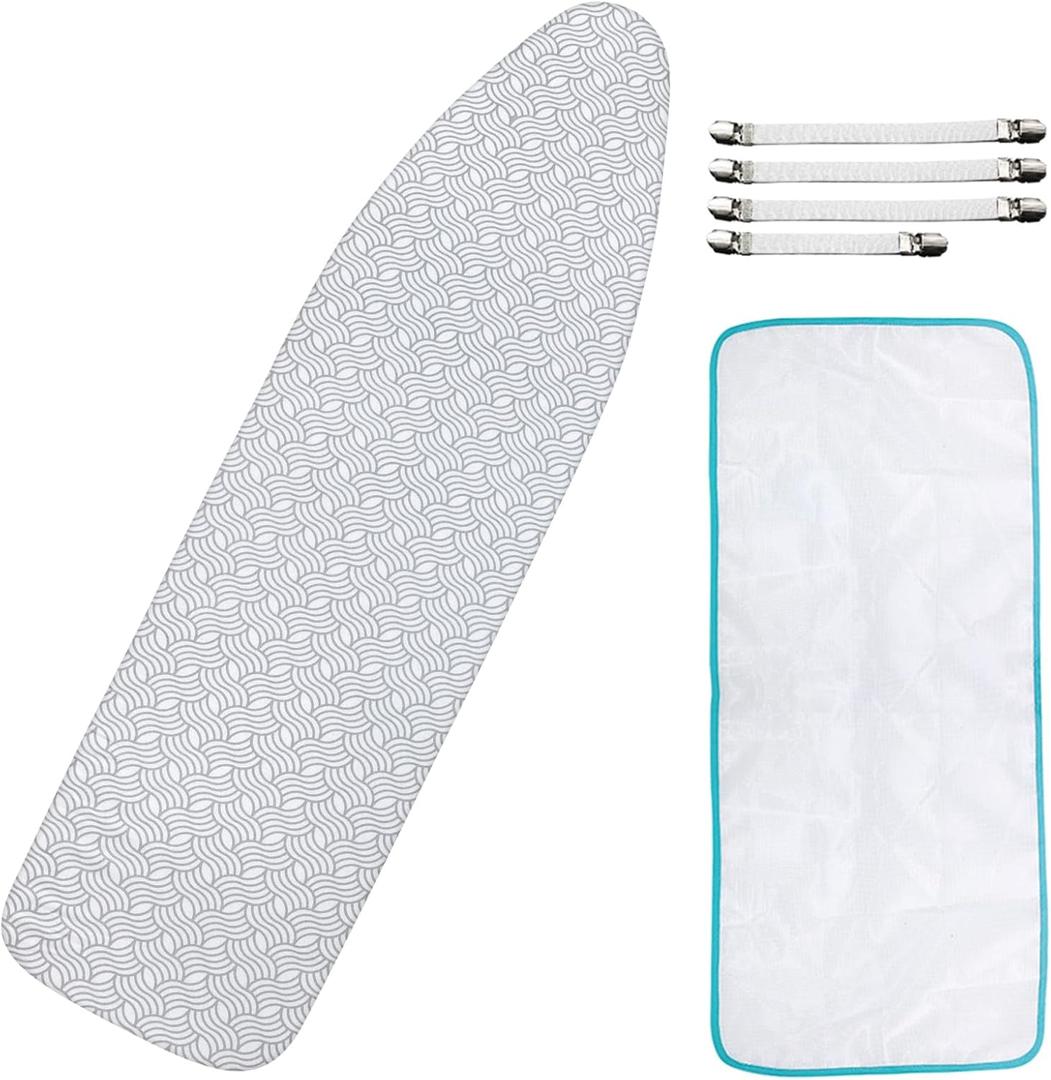Dalykate Ironing Board Cover and Pad, 15" x 54", Thick Padding, Elastic Edge, Scorch & Stain Resistant, Includes Fasteners & Mesh Cloth (White Waves)