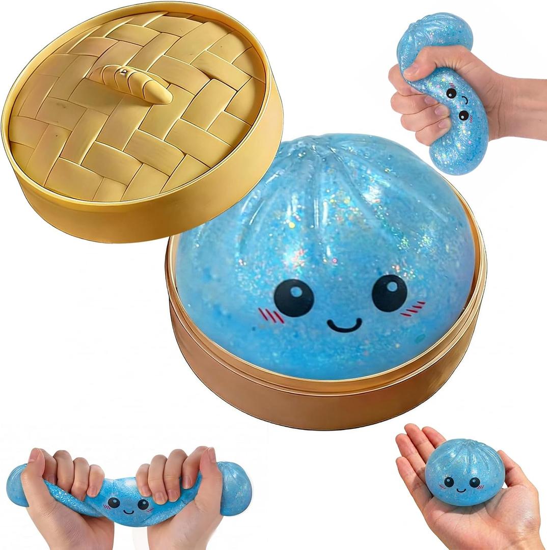 Glitter Dumpling Squishy, New Mystery Glitter Dumpling Squishies Box, Soft Squeeze Dough Ball for Stress Relief, Stretchy Bun with Mini Food Steamer Desk Fidget Toy for Adults Office Home (Blue)