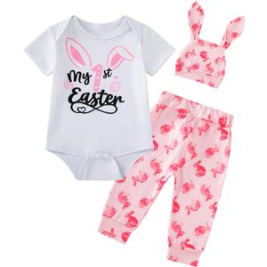 PROMOTED TO BIG SISTER Baby Girl My First Easter Outfit Bunny Pant Sets (Pink-one, 6-12 Months)
