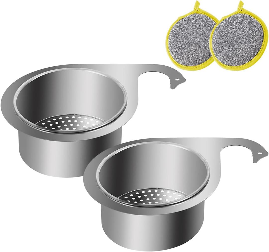 Swan Stainless Steel Sink Strainer Basket with Fast-Draining Side Drain, Includes 2 Double-Sided Scrubbing Sponges for Kitchen, Fruit, Vegetable & Food Waste Disposal (2 Pcs)