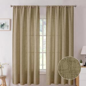 Tollpiz Short Linen Curtain Living Room Rod Pocket Semi Sheer Curtains Burlap Light Filtering Thick Linen Drape for Bedroom, 54 x 45 inches Long, Taupe, Set of 2 Panels