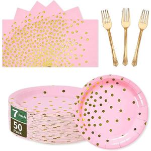 Pink and Gold Paper Tableware Set150PCS50 x 7'' Dessert Plates & 50 x 6.5'' Napkins & 50 x 7.3'' Forks,Disposable Party Supplies for Baby Showers,Birthday,Wedding,Bridal Showers,Anniversary