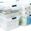 Clear Plastic Storage Bins with Lids, Under Bed Storage Containers, Blue Latches, Stackable Organizer, Set of 4 (71QT)