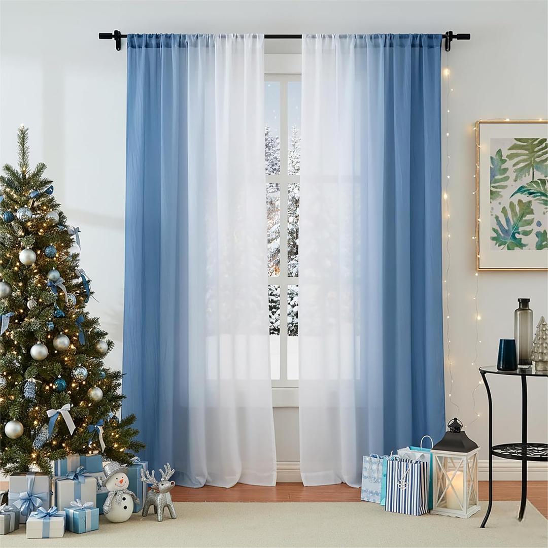Ombre Chiffon Sheer Curtains Blue for Living Room Gradient Crinkle Semi Voile Curtain Panels for Bedroom Light Filtering Window Drapes for Office, Patio, Holiday Decor, Rod Pocket, 52"Wx95"L, 2 Pcs
