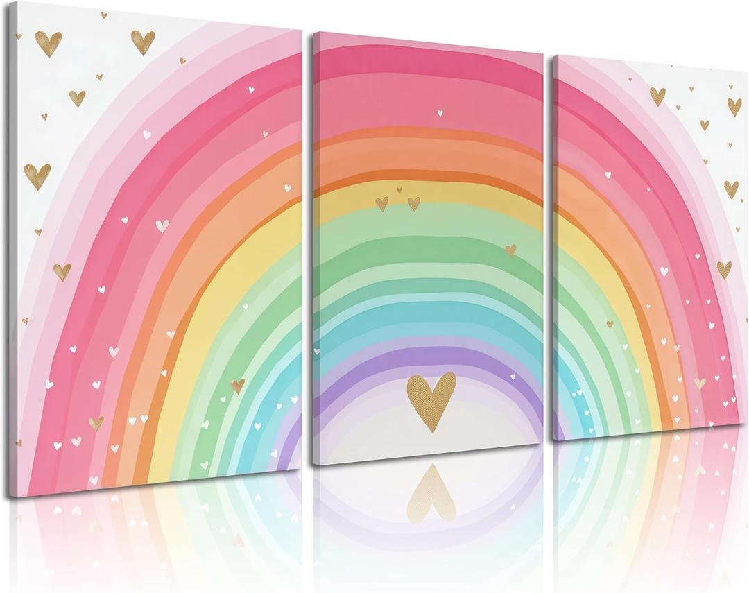 Girls Rainbow Canvas Wall Art Set of 3, Colorful Nursery Wall Decor Painting, Kids Heart Picture Poster Prints for Classroom Kids Room Baby Room Bedroom Dorm Home Decoration 16x24in, 16x24in - Wrapped Canvas
