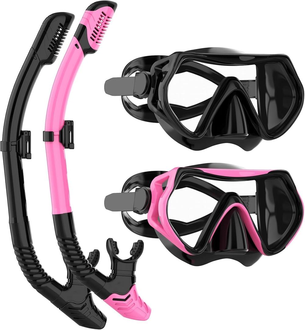 Snorkeling Gear for Adults, JRing Snorkel Mask Set with 180 Degree Tempered Glass Anti Fog Goggles Scuba Dry Top Snorkel for Swimming, Scuba Diving Mask for Men Women, Black And Pink