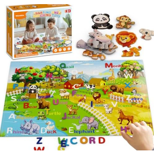 Pack of 2 Sorting Toys for Toddlers, Wiznobliss Animal Puzzles Learning A B C Alphabet Matching Toys for Toddlers, Montessori Fine Motor Sensory Animal Alphabet Puzzle for 3+ Year Old.