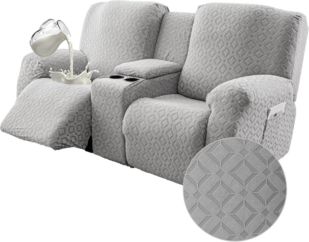 Gennia Waterproof Recliner Loveseat Cover, Stretch Reclining Sofa Covers with Pockets, Washable Lazy Boy Recliner Slipcovers, Leakproof Couch Protector for Kids or Pets (2 Seat with Console, Light Gray)