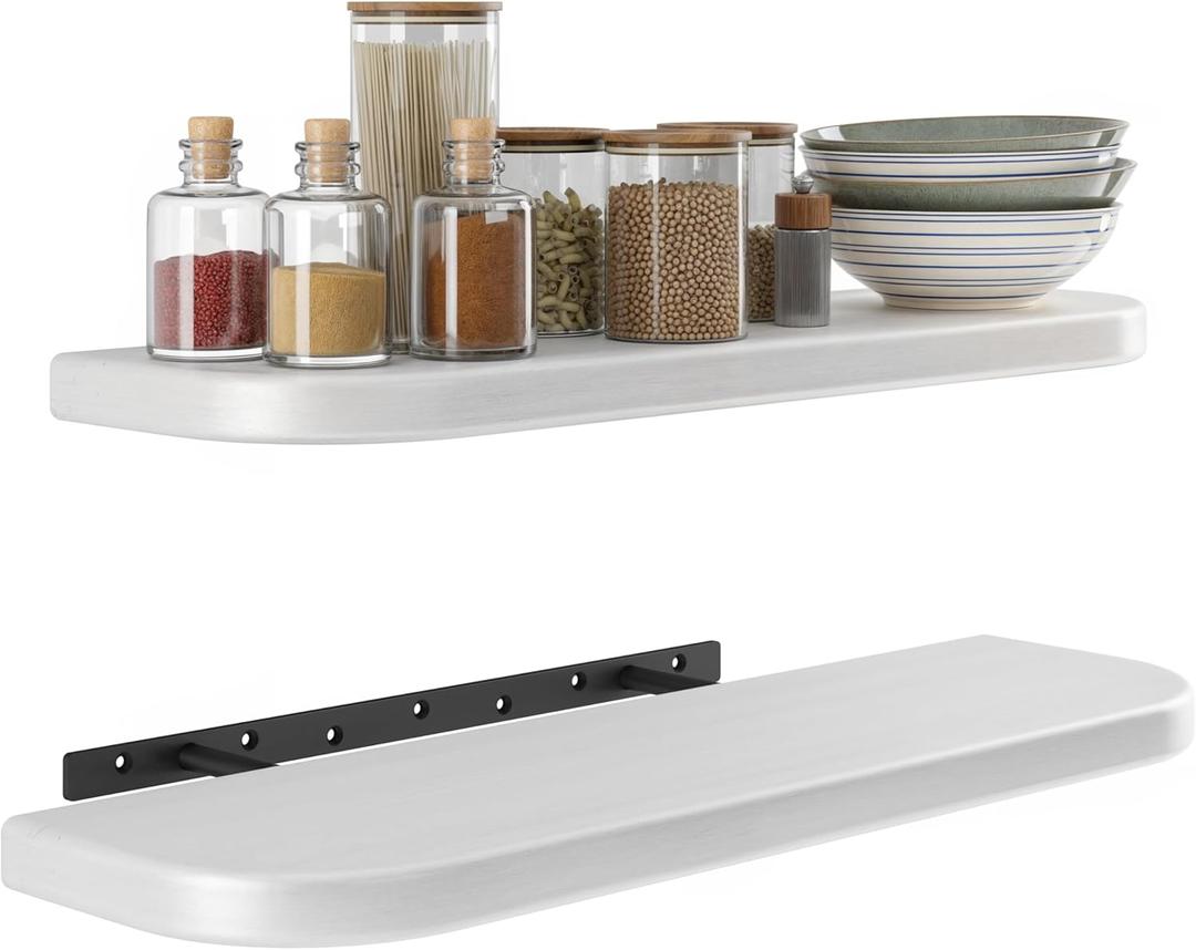 BATODA Set of 2 24" White Acacia Wood Floating Shelves Wall Mounted (Round Edge)  Wooden Decorative Wall Bookshelf - Storage Shelf Organizer for Home - Black Brackets and Shelving Mounting Included (24 Inch Length)