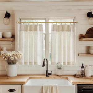 jinchan Linen Pinch Pleated Kitchen Curtains 24 Inch 2 Panels Natural Linen Tier Curtains Back Tab Beige Farmhouse Cafe Light Filtering Small Window Drapes for Bathroom Laundry Room Beige