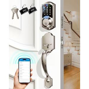 Veise VE07-H Fingerprint Smart Locks for Front Door with Handle Set, App Control, Keyless Entry Keypad Deadbolt, Digital Electronic Touchscreen, Easy Install, Auto Lock, Satin Nickel