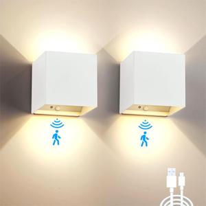 Battery Operated Wall Sconces Set of 2, 12W Motion Sensor Light Indoor, 6000mAh Wall Lights Rechargeable, 3 Colors Adjustable, LED Wall Lamp for Living Room Bedroom Hallway Decor, White