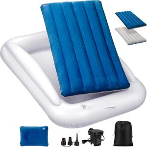 Inflatable Toddler Travel Bed, Portable Toddler Bed | Kids Air Mattress with Sides | Reversible 2 Colors Kids Blow Up Mattress -Navy Blue & Grey