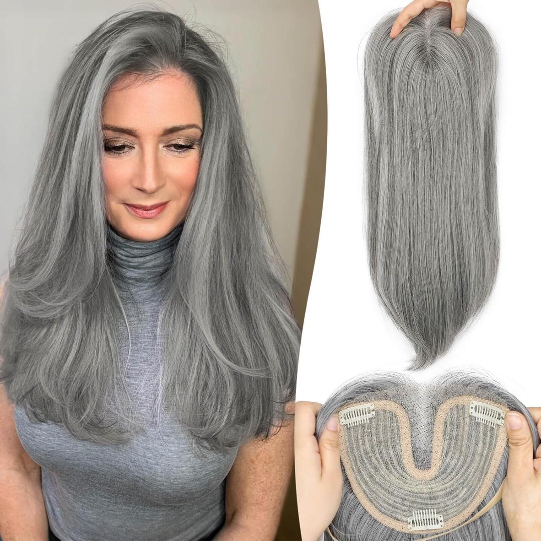 Eawwii Ash Gray Synthetic Hair Toppers for Women with Thinning 5x6 inch Large Base Coverage Clip in Wispy Bangs Upgraded Adjustable Bandage 18 Inch Long Layered