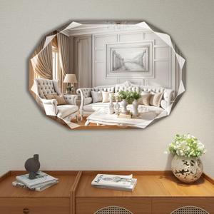 28" x 20" inch Silver Frameless Rectangular Bathroom Mirror, Irregular Beveled Edge Wall Mirror, Modern Vanity Mirror for Living Room, Bedroom and Entryway