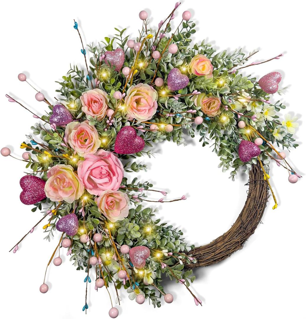 Pink Heart Rose Wreath, 21in Spring Summer Wreath with 8 Modes LED Lights for Front Door