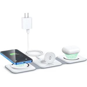 Wireless Charger 3 in 1,RTOPS Magnetic Travel Wireless Charging Station Multiple Devices,GaN 3 in 1 Charging Station,Compatible for iPhone16/15/14/13/Pro/Max,iWatch,AirPods4/3/2/Pro(Adapter Includes) (white)