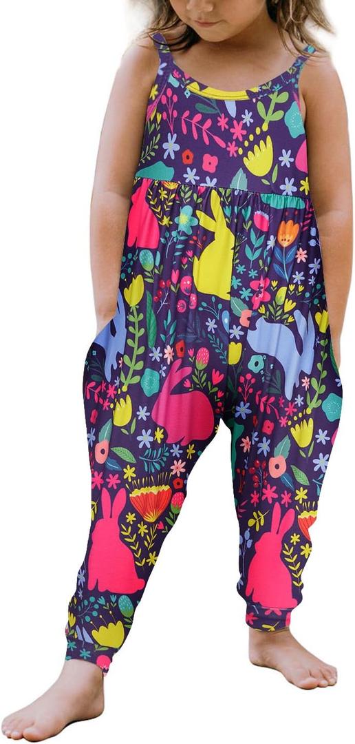 Vieille Baby Toddler Girl Cute Strap Jumpsuit One-piece Romper with Pockets 1-8 Years (3-4T, D Easter Bunny)