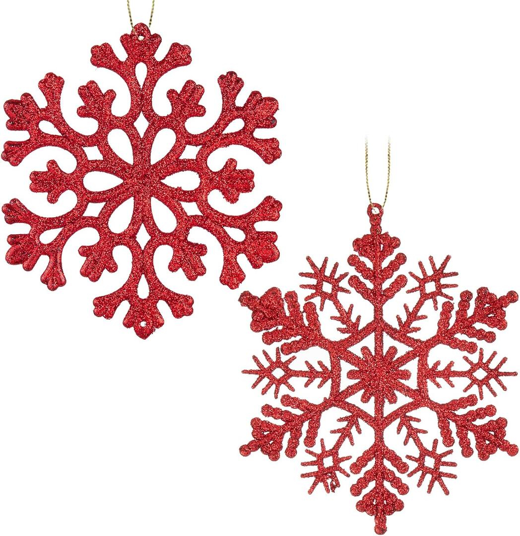 30PCS Christmas Glitter Snowflake Ornaments Plastic Snowflakes Ornaments-Xmas Tree Decorations,4.7-Inch(Red)