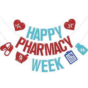 Happy Pharmacy Week Banner Pharmacist Appreciation Week Decor We Love Our Pharmacists Party Decoration Supplies Blue & Red Glitter