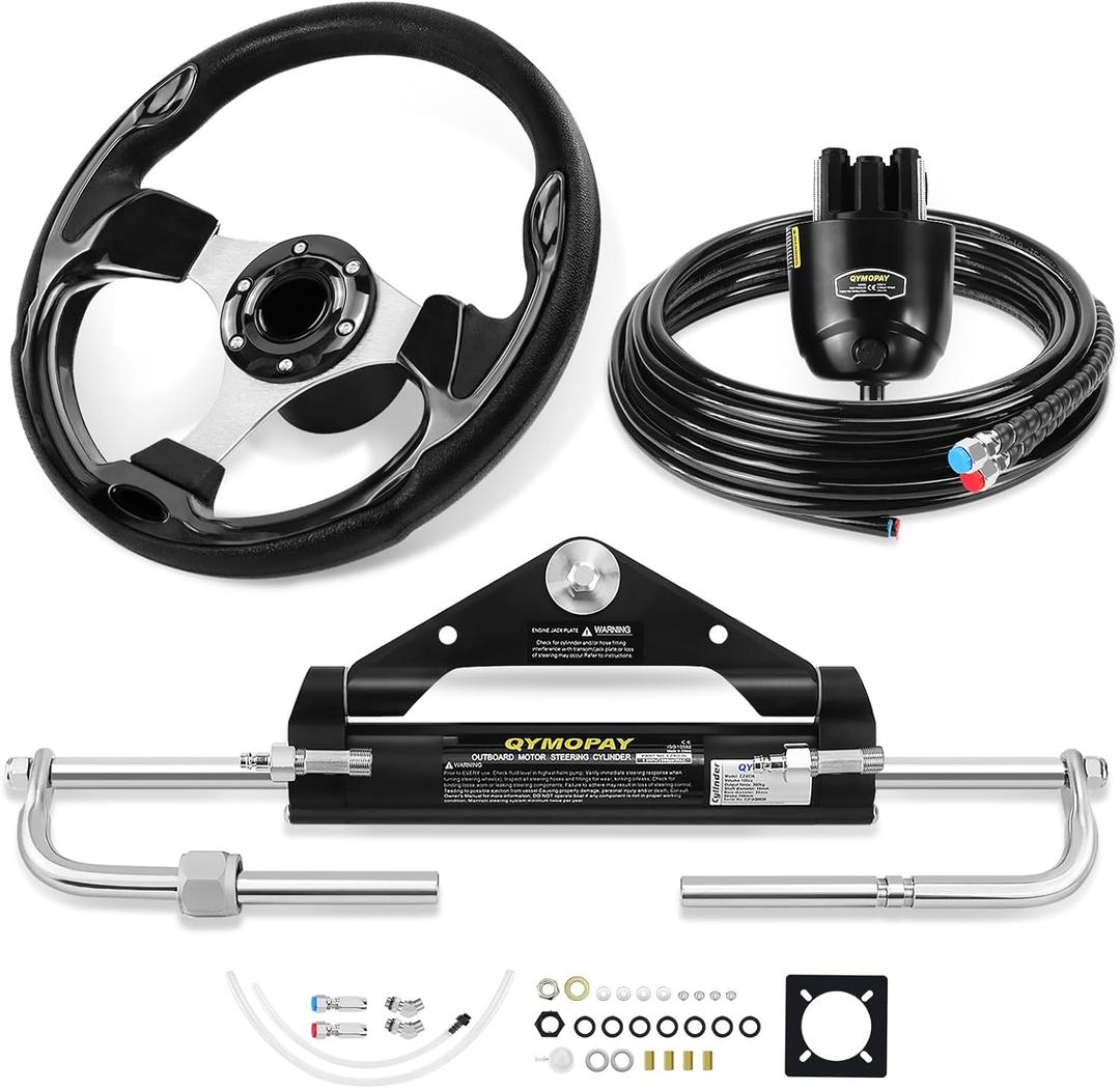 100HP/150HP/300HP Hydraulic Outboard Steering Kit, Marine Hydraulic Steering System with Bi-Directional Locking Cylinders and High Strength Nylon Hose, Single Station, Single Engine Use