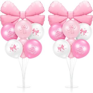 Kasyat 2 Sets Pink Bow Birthday Party Decorations Bow Balloon Centerpieces for Tables Coquette Birthday Pink and White Balloon Stand Kit for Bridal Princess Party Decorations
